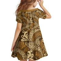Brown Gold Monstera Family Matching Long Sleeve Bodycon Dress and Hawaiian Shirt Polynesian Tribal Pattern - Polynesian Pride