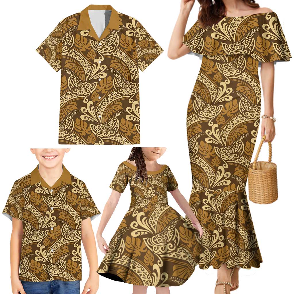 Brown Gold Monstera Family Matching Mermaid Dress and Hawaiian Shirt Polynesian Tribal Pattern LT01 - Polynesian Pride