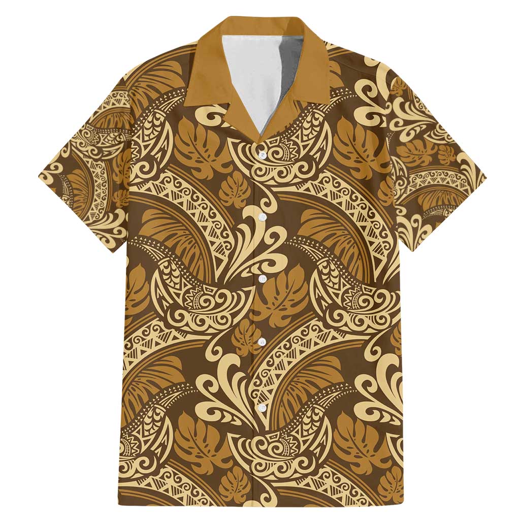 Brown Gold Monstera Family Matching Mermaid Dress and Hawaiian Shirt Polynesian Tribal Pattern LT01 Dad's Shirt - Short Sleeve Gold - Polynesian Pride