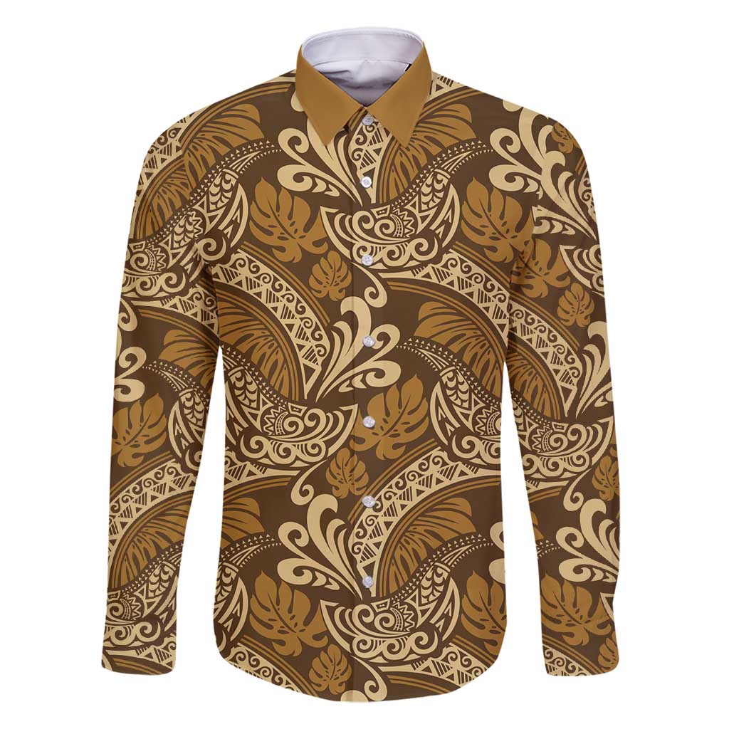 Brown Gold Monstera Family Matching Mermaid Dress and Hawaiian Shirt Polynesian Tribal Pattern LT01 Dad's Shirt - Long Sleeve Gold - Polynesian Pride