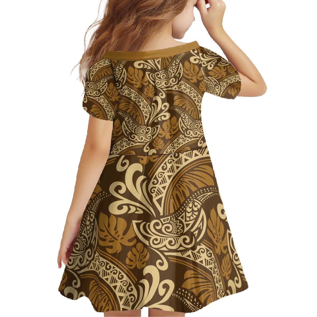 Brown Gold Monstera Family Matching Off The Shoulder Long Sleeve Dress and Hawaiian Shirt Polynesian Tribal Pattern LT01 - Polynesian Pride