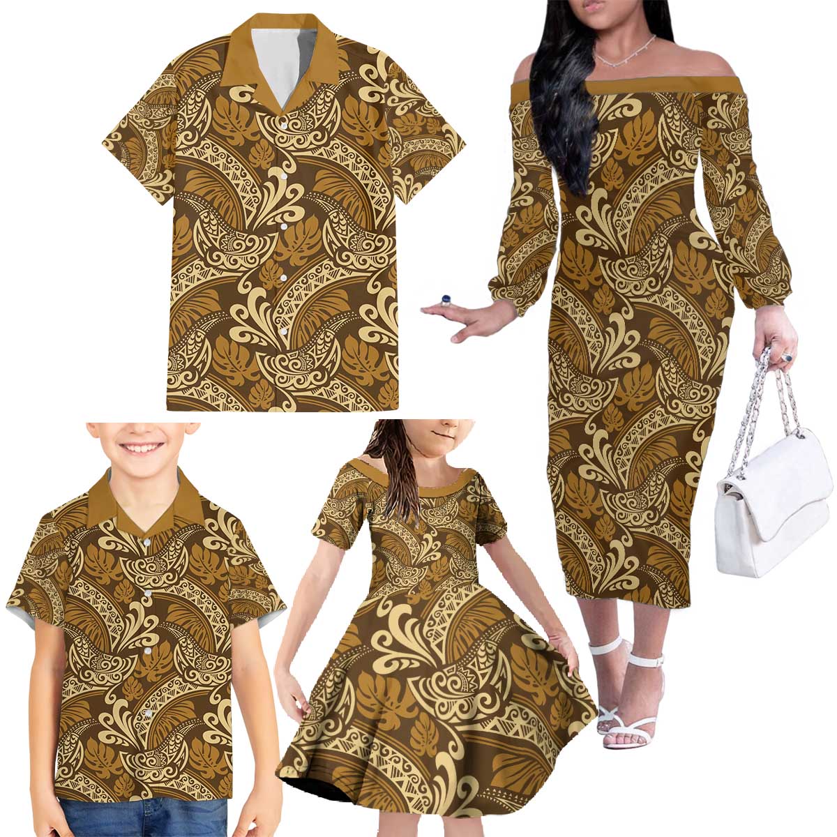 Brown Gold Monstera Family Matching Off The Shoulder Long Sleeve Dress and Hawaiian Shirt Polynesian Tribal Pattern LT01 - Polynesian Pride