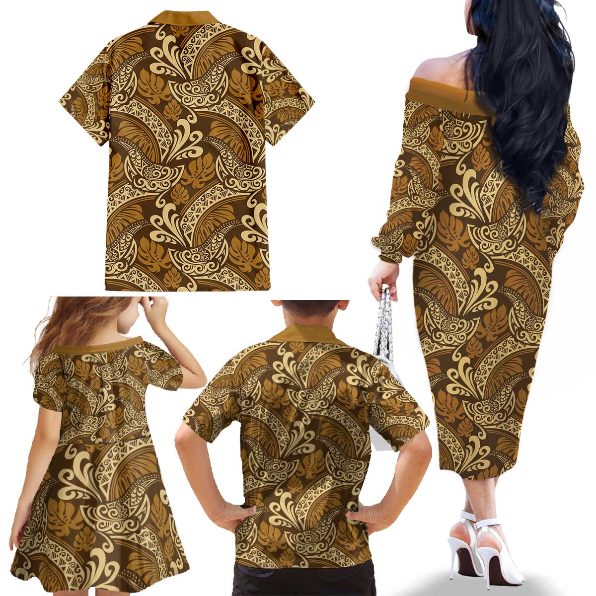 Brown Gold Monstera Family Matching Off The Shoulder Long Sleeve Dress and Hawaiian Shirt Polynesian Tribal Pattern LT01 - Polynesian Pride