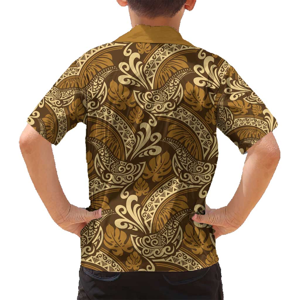 Brown Gold Monstera Family Matching Off Shoulder Maxi Dress and Hawaiian Shirt Polynesian Tribal Pattern - Polynesian Pride