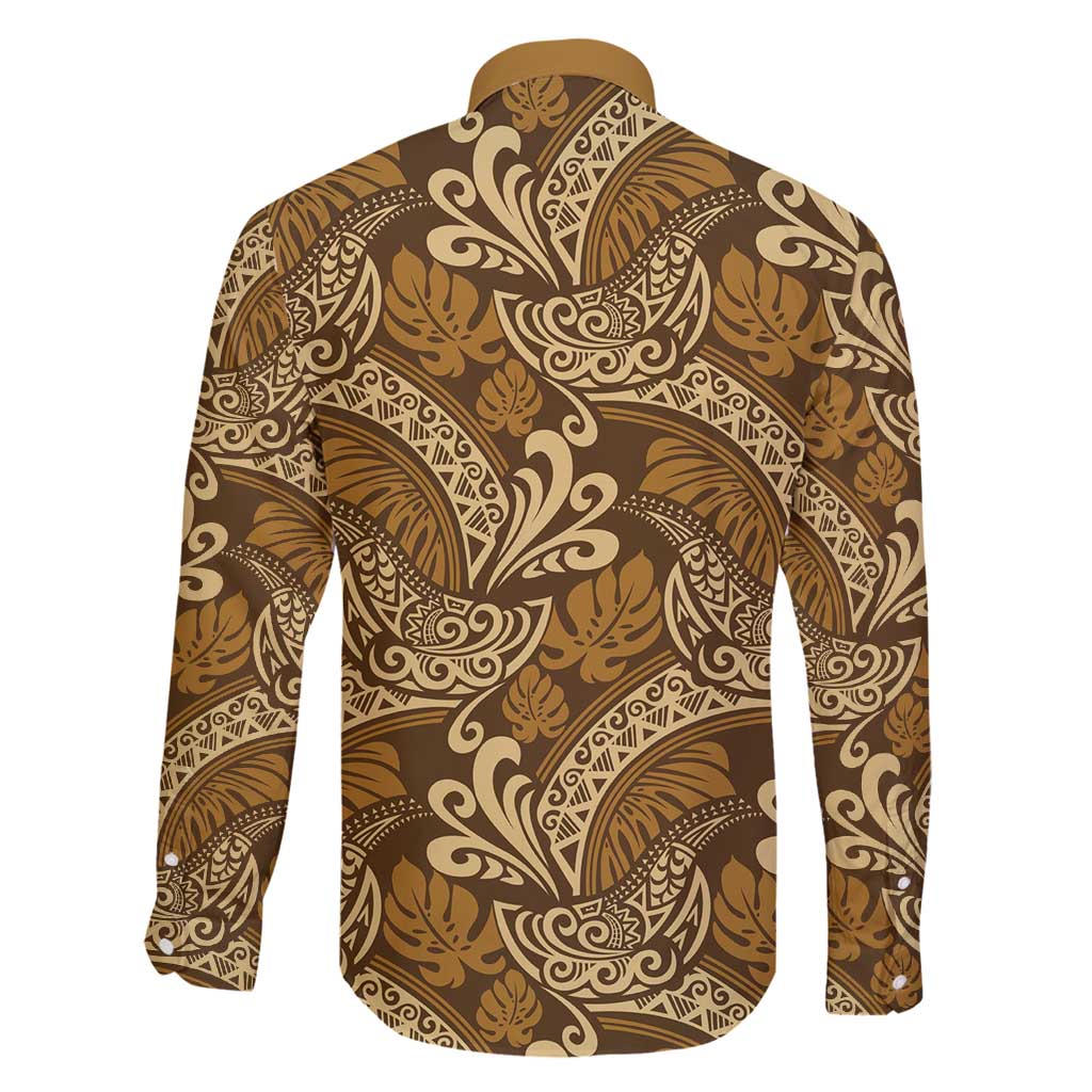 Brown Gold Monstera Family Matching Off Shoulder Maxi Dress and Hawaiian Shirt Polynesian Tribal Pattern - Polynesian Pride