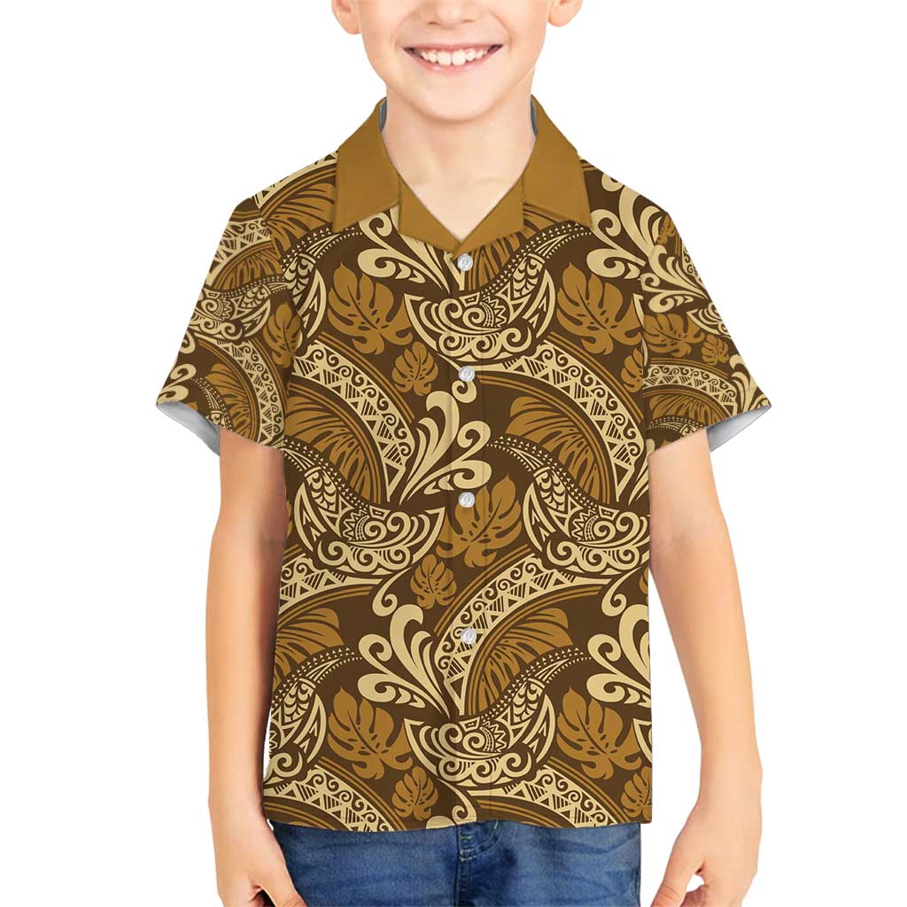 Brown Gold Monstera Family Matching Off Shoulder Maxi Dress and Hawaiian Shirt Polynesian Tribal Pattern - Polynesian Pride