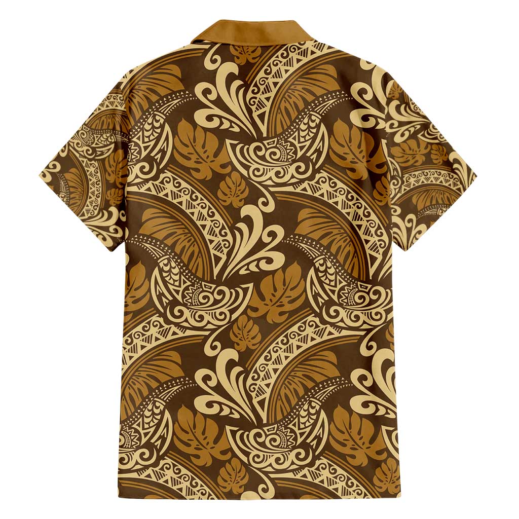 Brown Gold Monstera Family Matching Off Shoulder Short Dress and Hawaiian Shirt Polynesian Tribal Pattern - Polynesian Pride