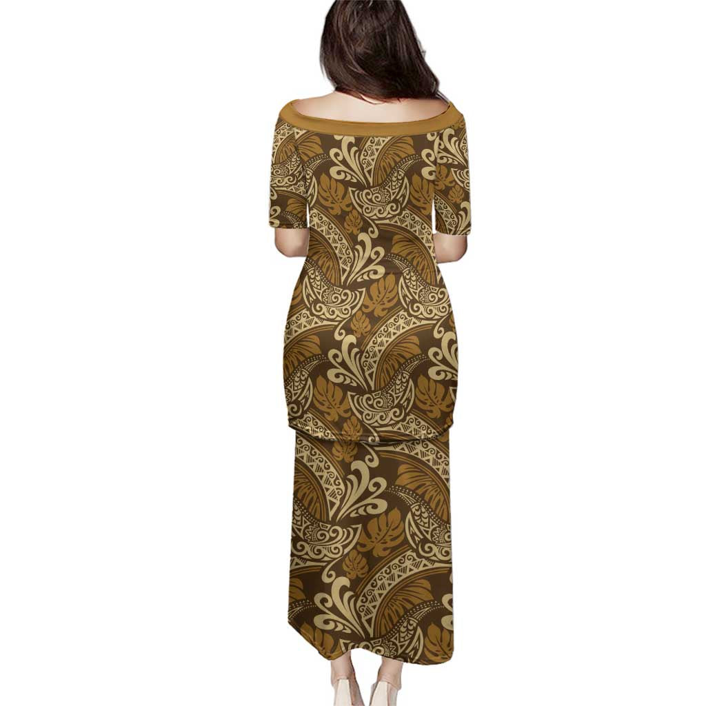 Brown Gold Monstera Family Matching Puletasi and Hawaiian Shirt Polynesian Tribal Pattern - Polynesian Pride