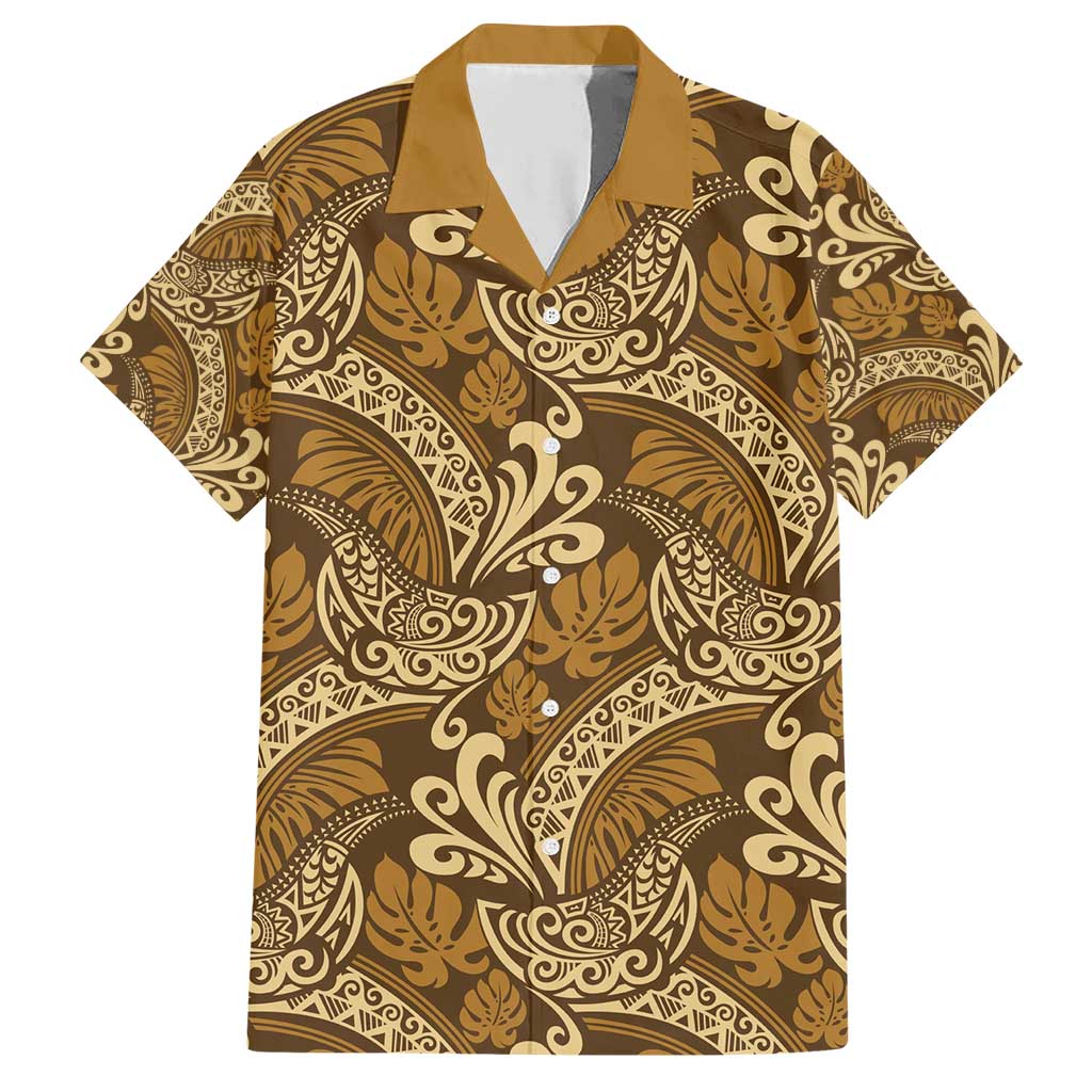 Brown Gold Monstera Family Matching Short Sleeve Bodycon Dress and Hawaiian Shirt Polynesian Tribal Pattern - Polynesian Pride