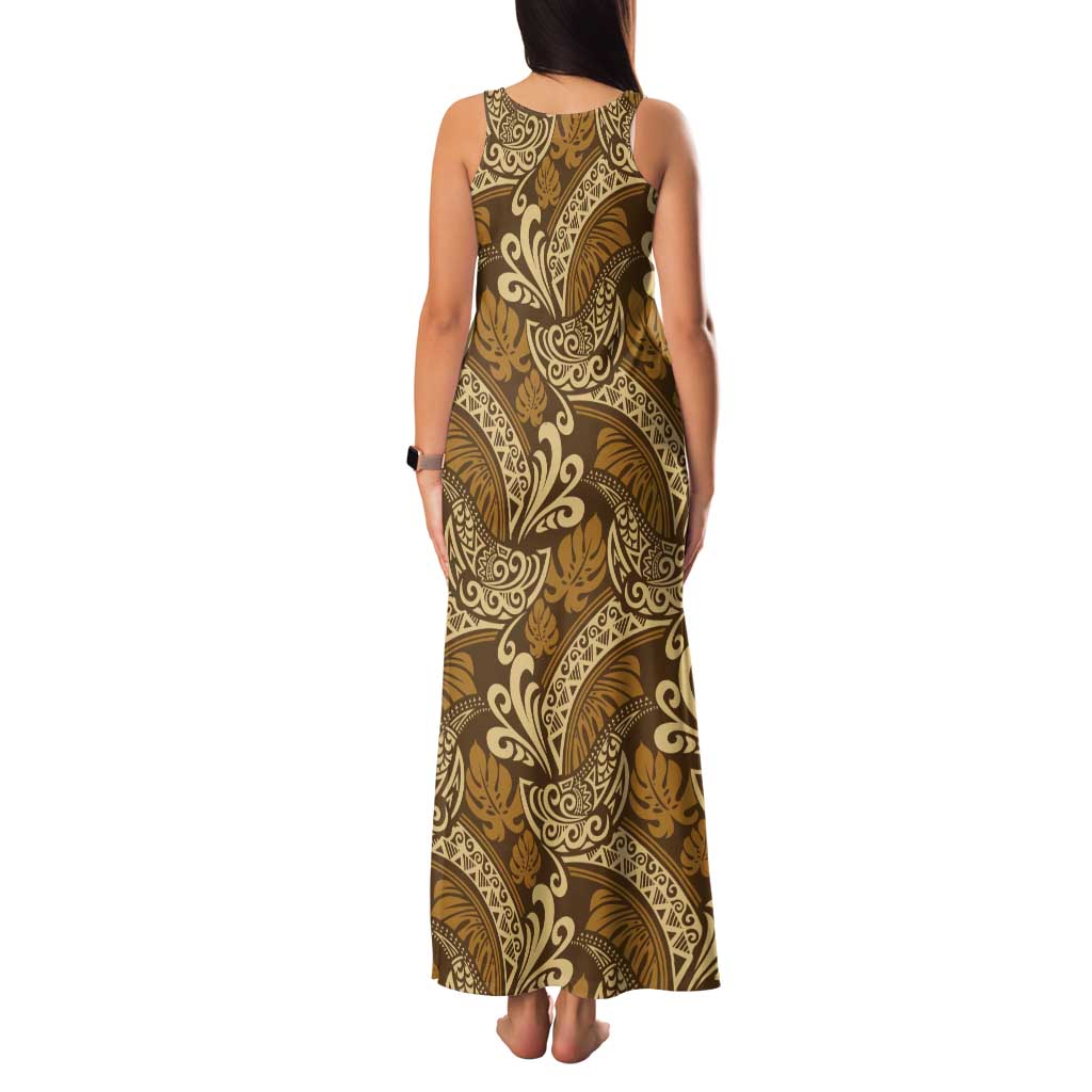 Brown Gold Monstera Family Matching Tank Maxi Dress and Hawaiian Shirt Polynesian Tribal Pattern - Polynesian Pride