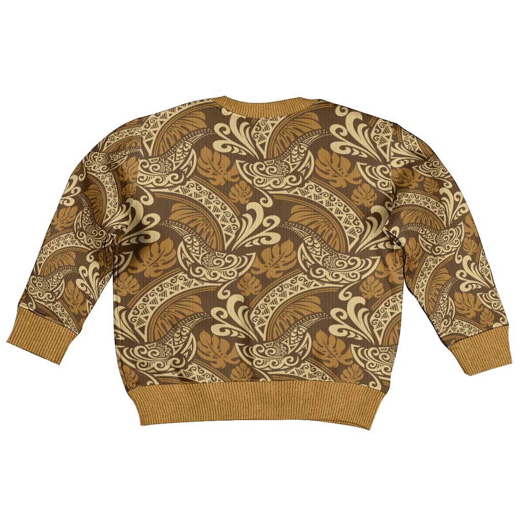 Brown Gold Monstera Kid Ugly Christmas Sweater Polynesian Tribal Pattern - Polynesian Pride