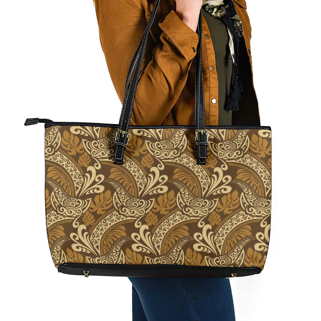 Brown Gold Monstera Leather Tote Bag Polynesian Tribal Pattern - Polynesian Pride
