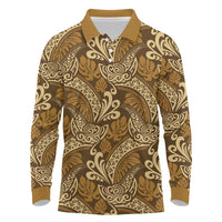 Brown Gold Monstera Long Sleeve Polo Shirt Polynesian Tribal Pattern LT01 Gold - Polynesian Pride