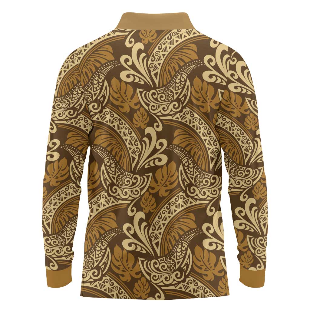 Brown Gold Monstera Long Sleeve Polo Shirt Polynesian Tribal Pattern LT01 - Polynesian Pride