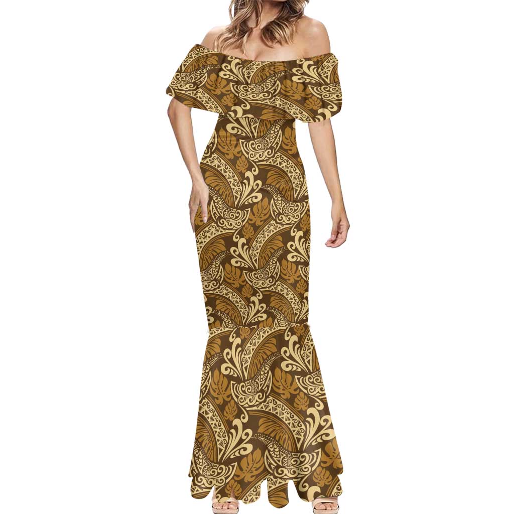 Brown Gold Monstera Mermaid Dress Polynesian Tribal Pattern - Polynesian Pride