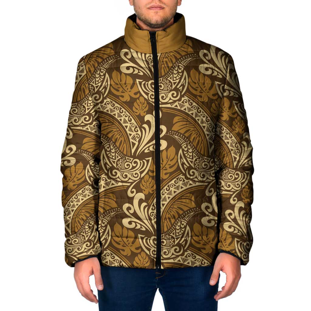 Brown Gold Monstera Padded Jacket Polynesian Tribal Pattern LT01 Men Gold - Polynesian Pride
