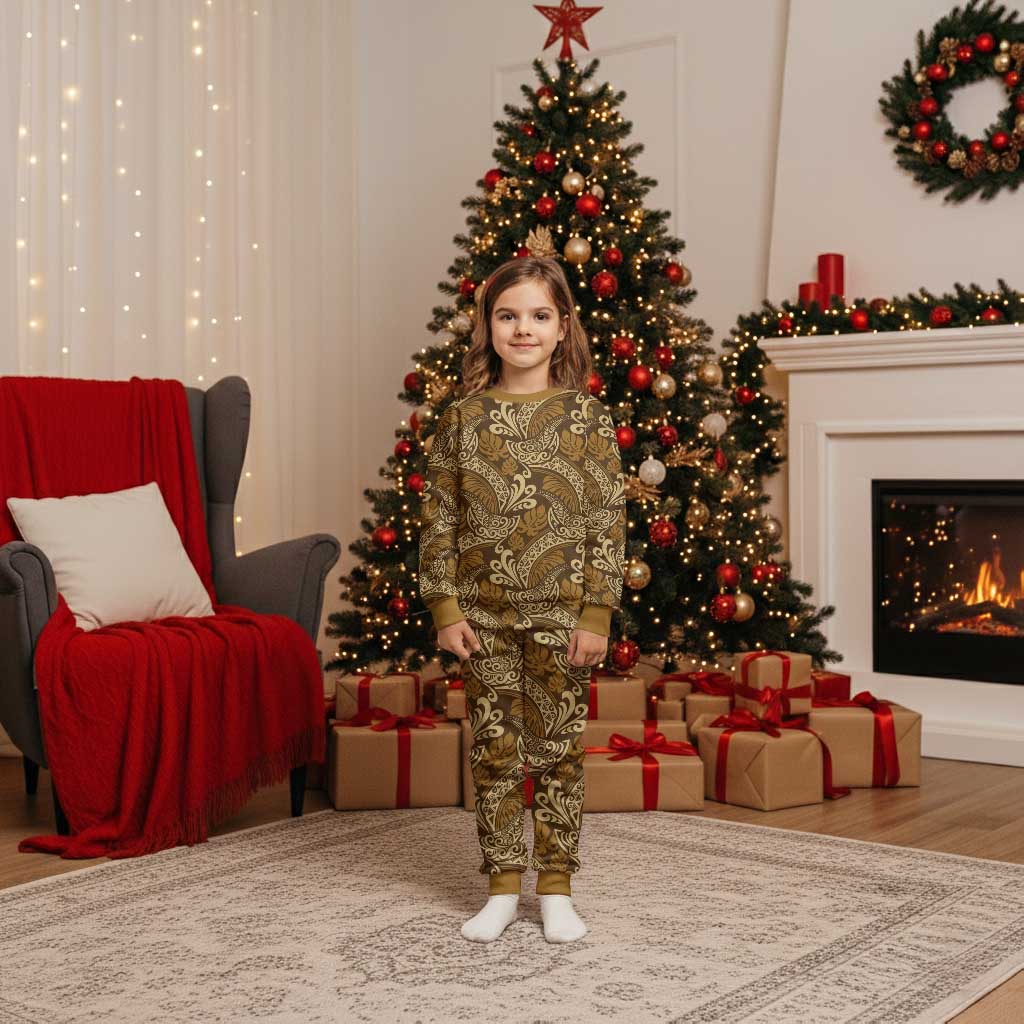 Brown Gold Monstera Christmas Pajama Set Polynesian Tribal Pattern - Polynesian Pride