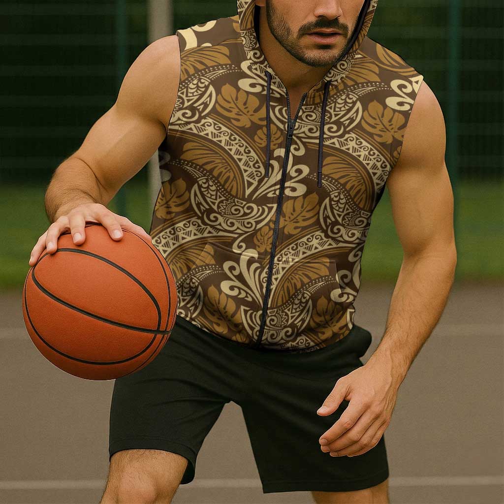 Brown Gold Monstera Sleeveless Zip Hoodie Polynesian Tribal Pattern - Polynesian Pride