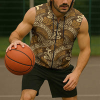 Brown Gold Monstera Sleeveless Zip Hoodie Polynesian Tribal Pattern - Polynesian Pride