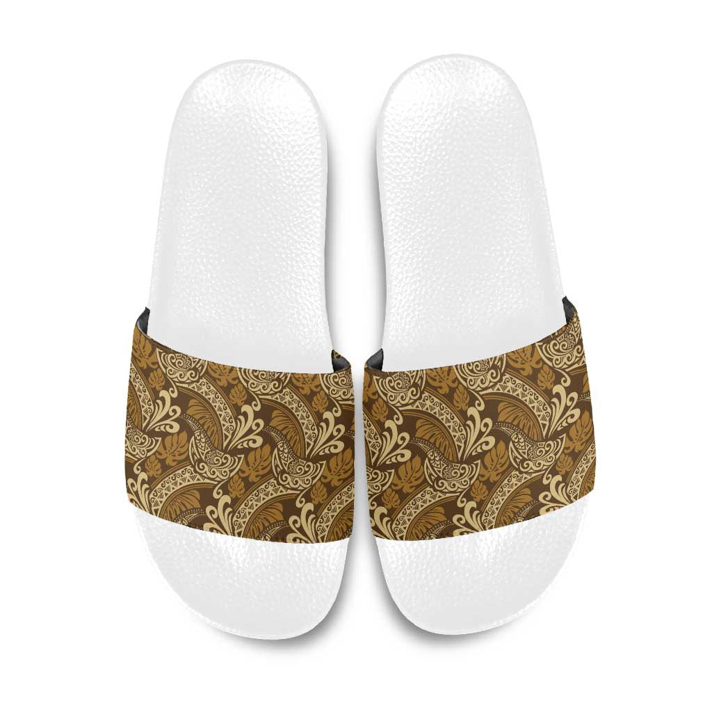 Brown Gold Monstera Slide Sandals Polynesian Tribal Pattern - Polynesian Pride