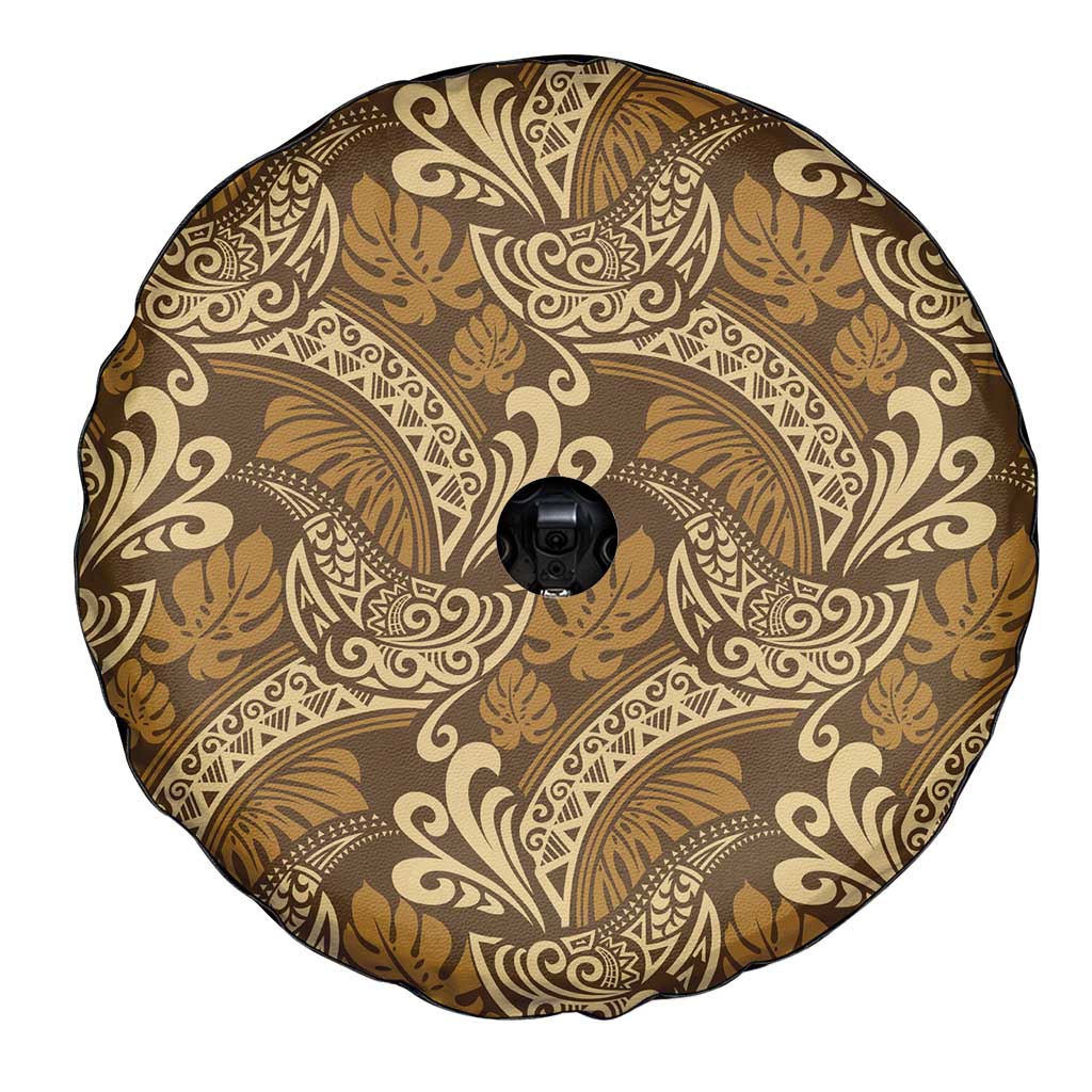 Brown Gold Monstera Spare Tire Cover Polynesian Tribal Pattern LT01 - Polynesian Pride
