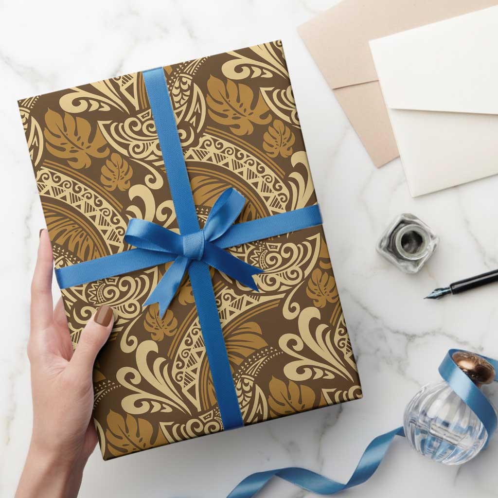 Brown Gold Monstera Wrapping Paper Polynesian Tribal Pattern - Polynesian Pride