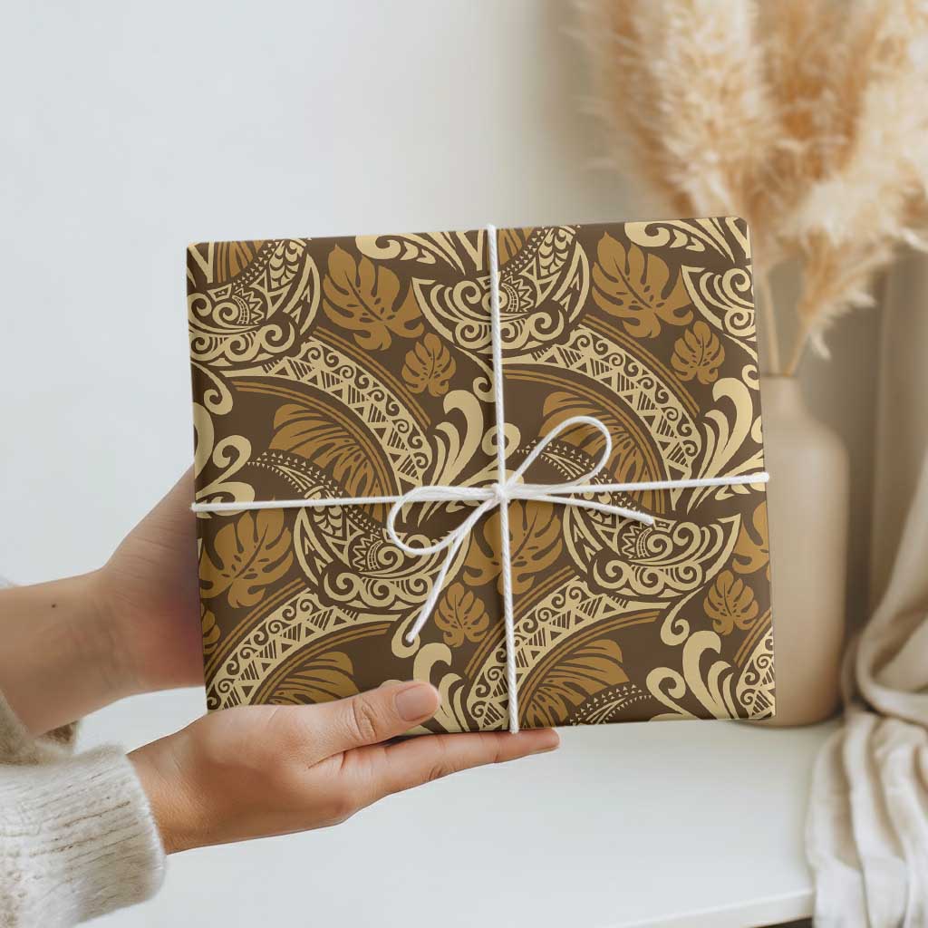 Brown Gold Monstera Wrapping Paper Polynesian Tribal Pattern - Polynesian Pride