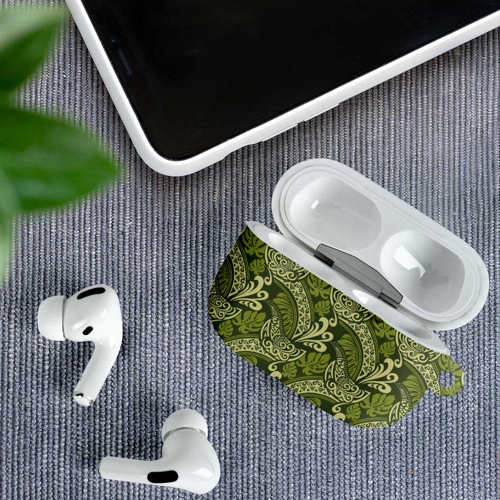 Olive Green Monstera AirPods Case Polynesian Tribal Pattern - Polynesian Pride