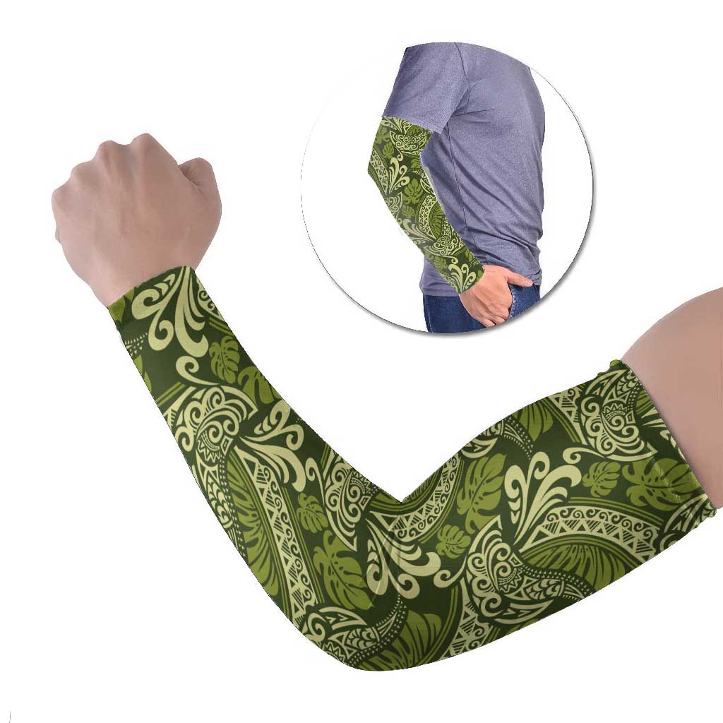 Olive Green Monstera Arm Sleeves Polynesian Tribal Pattern - Polynesian Pride