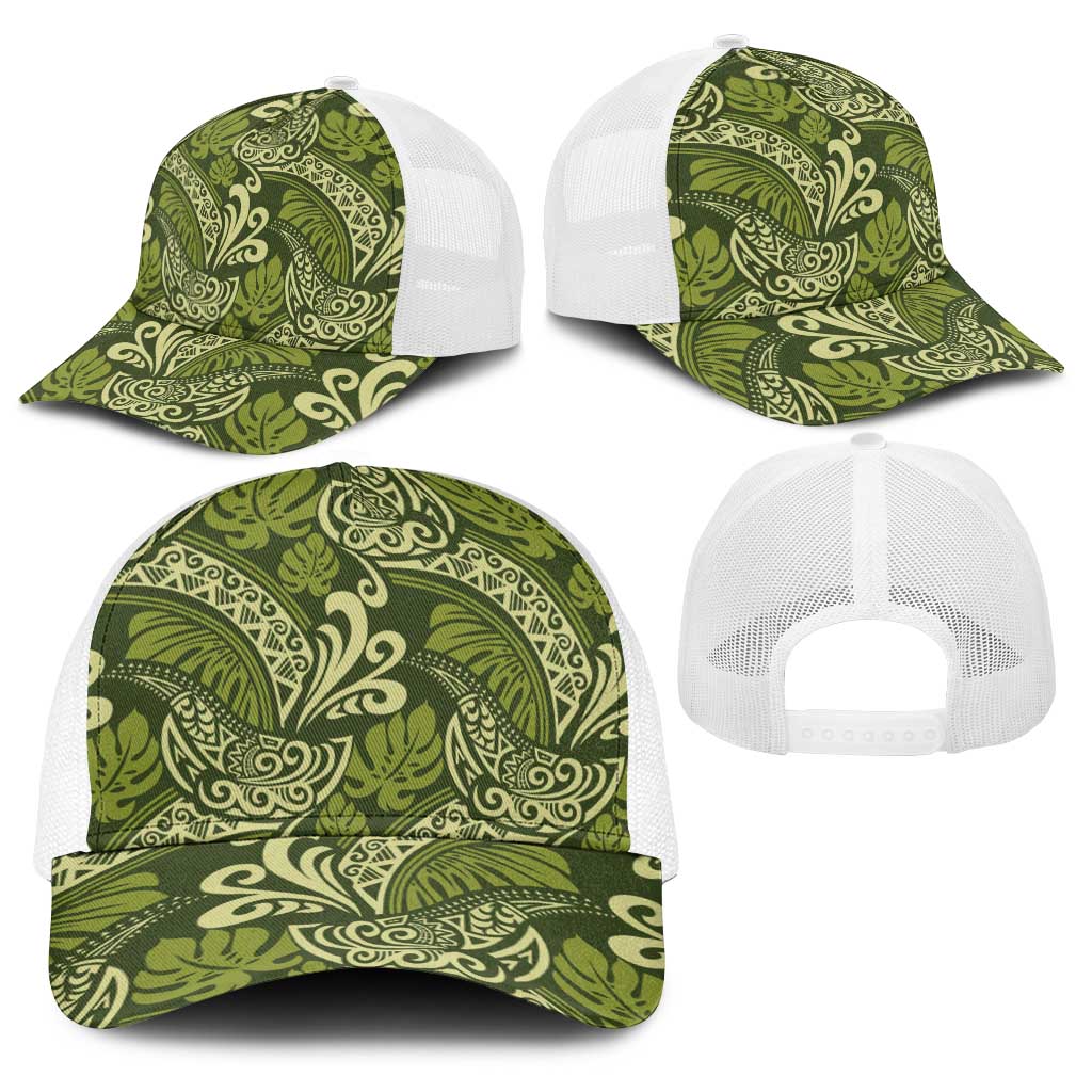Olive Green Monstera Baseball Net Cap Polynesian Tribal Pattern - Polynesian Pride