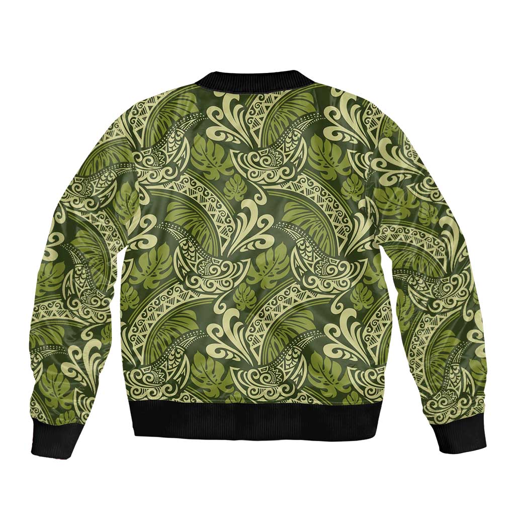 Olive Green Monstera Bomber Jacket Polynesian Tribal Pattern LT01 - Polynesian Pride