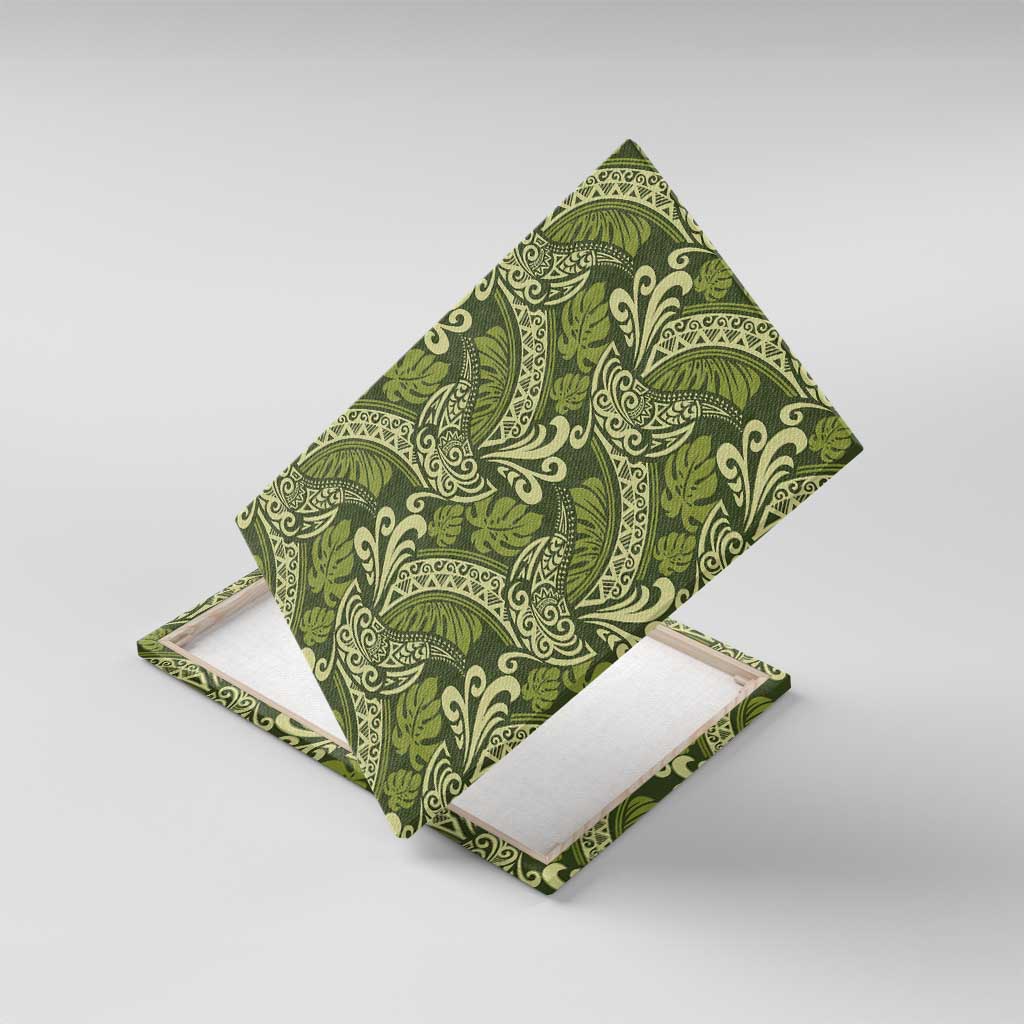 Olive Green Monstera Canvas Wall Art Polynesian Tribal Pattern - Polynesian Pride