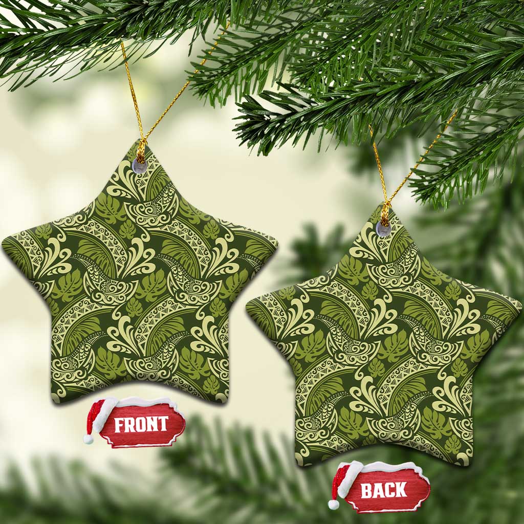Olive Green Monstera Ceramic Ornament Polynesian Tribal Pattern - Polynesian Pride