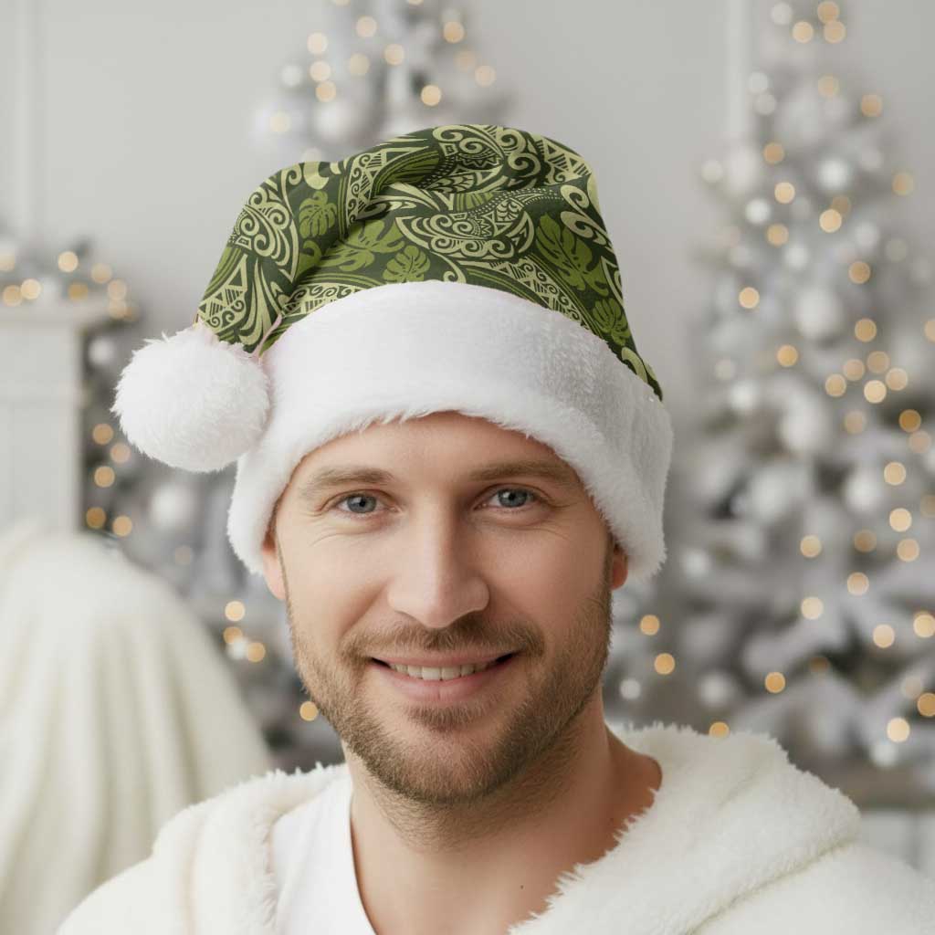 Olive Green Monstera Christmas Santa Hat Polynesian Tribal Pattern - Polynesian Pride