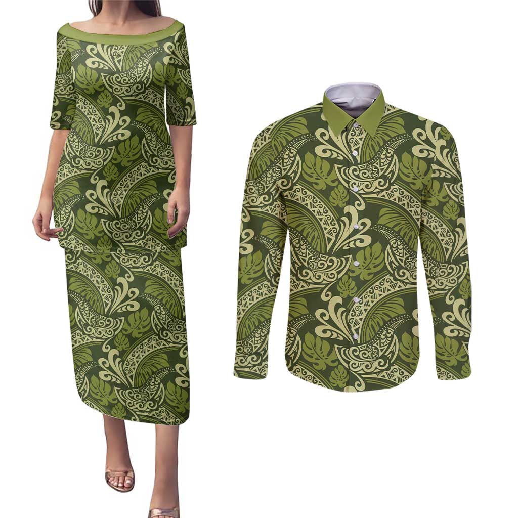 Olive Green Monstera Couples Matching Puletasi and Long Sleeve Button Shirt Polynesian Tribal Pattern - Polynesian Pride