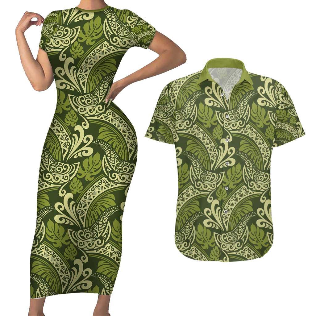 Olive Green Monstera Couples Matching Short Sleeve Bodycon Dress and Hawaiian Shirt Polynesian Tribal Pattern LT01 Green - Polynesian Pride