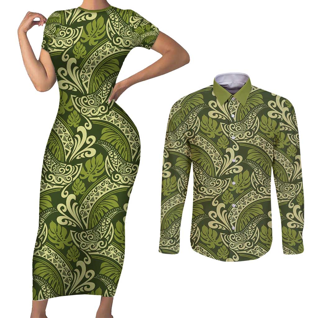 Olive Green Monstera Couples Matching Short Sleeve Bodycon Dress and Long Sleeve Button Shirt Polynesian Tribal Pattern LT01 Green - Polynesian Pride