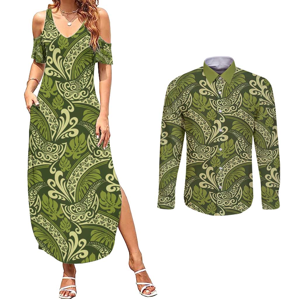 Olive Green Monstera Couples Matching Summer Maxi Dress and Long Sleeve Button Shirt Polynesian Tribal Pattern LT01 Green - Polynesian Pride
