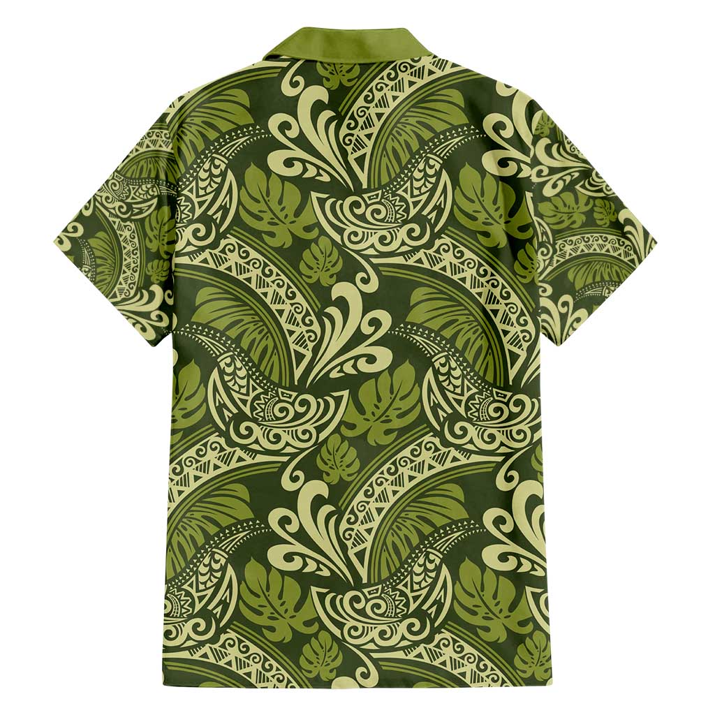 Olive Green Monstera Family Matching Long Sleeve Bodycon Dress and Hawaiian Shirt Polynesian Tribal Pattern - Polynesian Pride