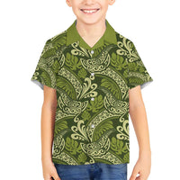 Olive Green Monstera Family Matching Long Sleeve Bodycon Dress and Hawaiian Shirt Polynesian Tribal Pattern - Polynesian Pride