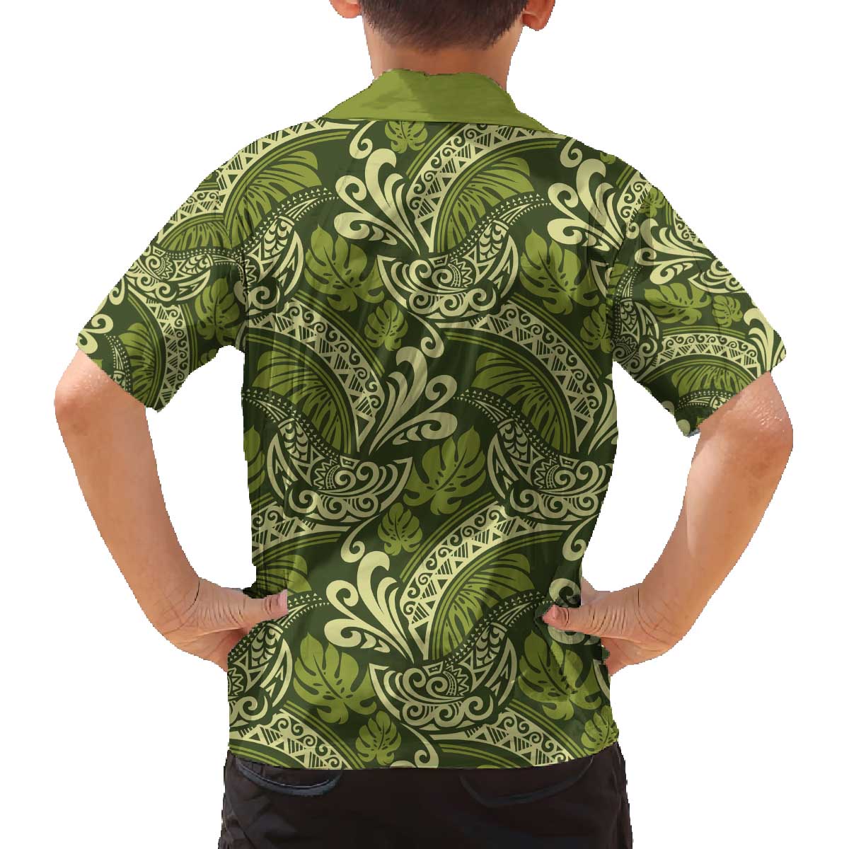 Olive Green Monstera Family Matching Off The Shoulder Long Sleeve Dress and Hawaiian Shirt Polynesian Tribal Pattern - Polynesian Pride