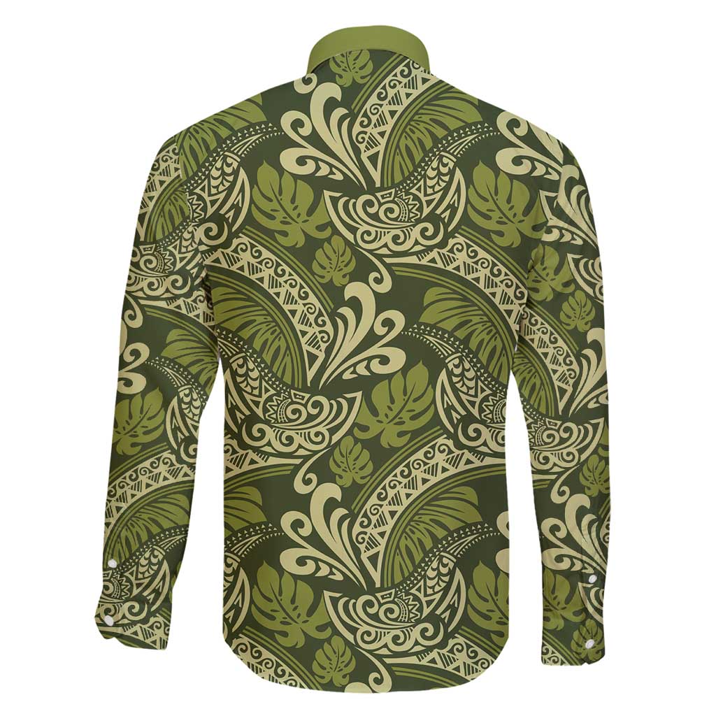 Olive Green Monstera Family Matching Off Shoulder Maxi Dress and Hawaiian Shirt Polynesian Tribal Pattern - Polynesian Pride