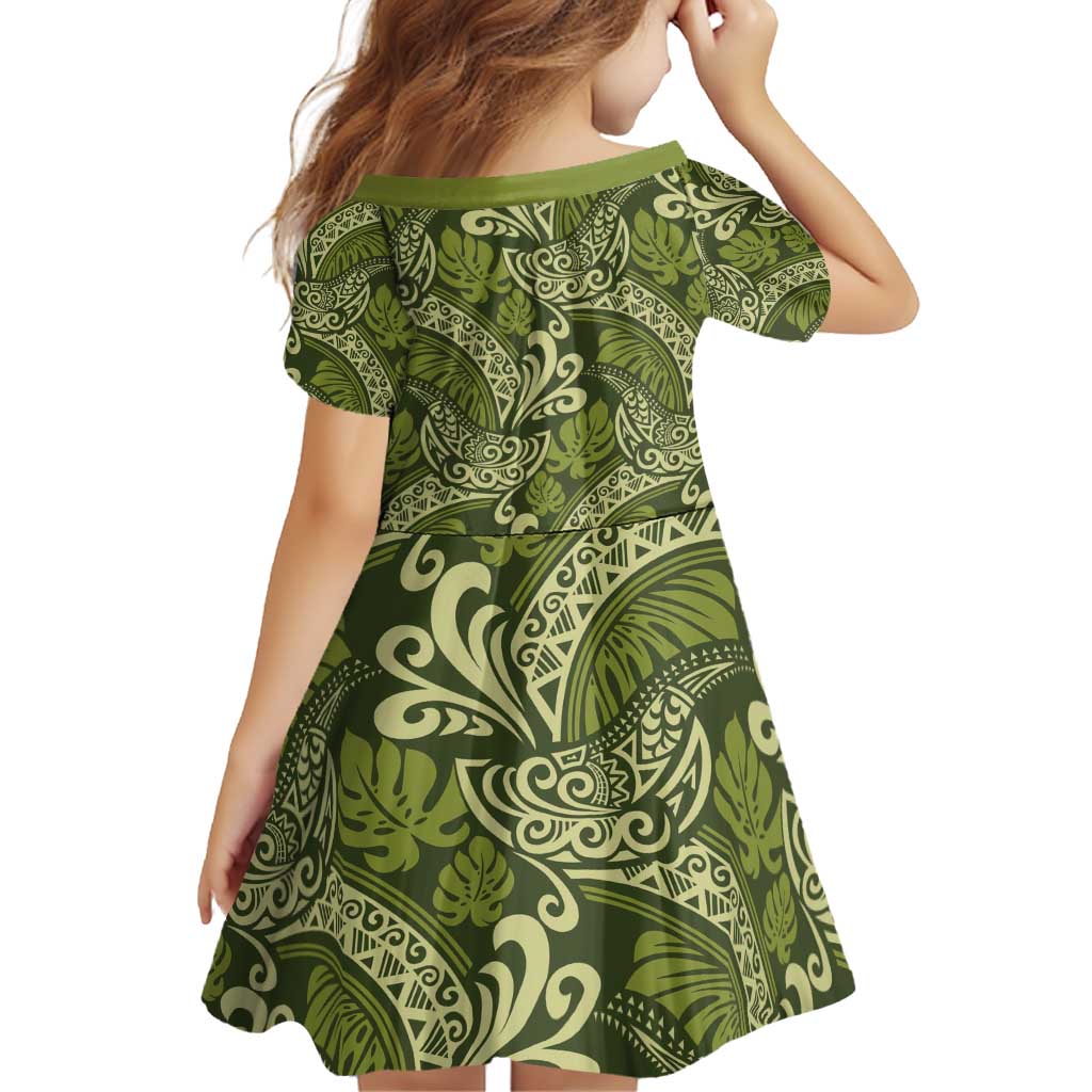 Olive Green Monstera Family Matching Off Shoulder Short Dress and Hawaiian Shirt Polynesian Tribal Pattern - Polynesian Pride