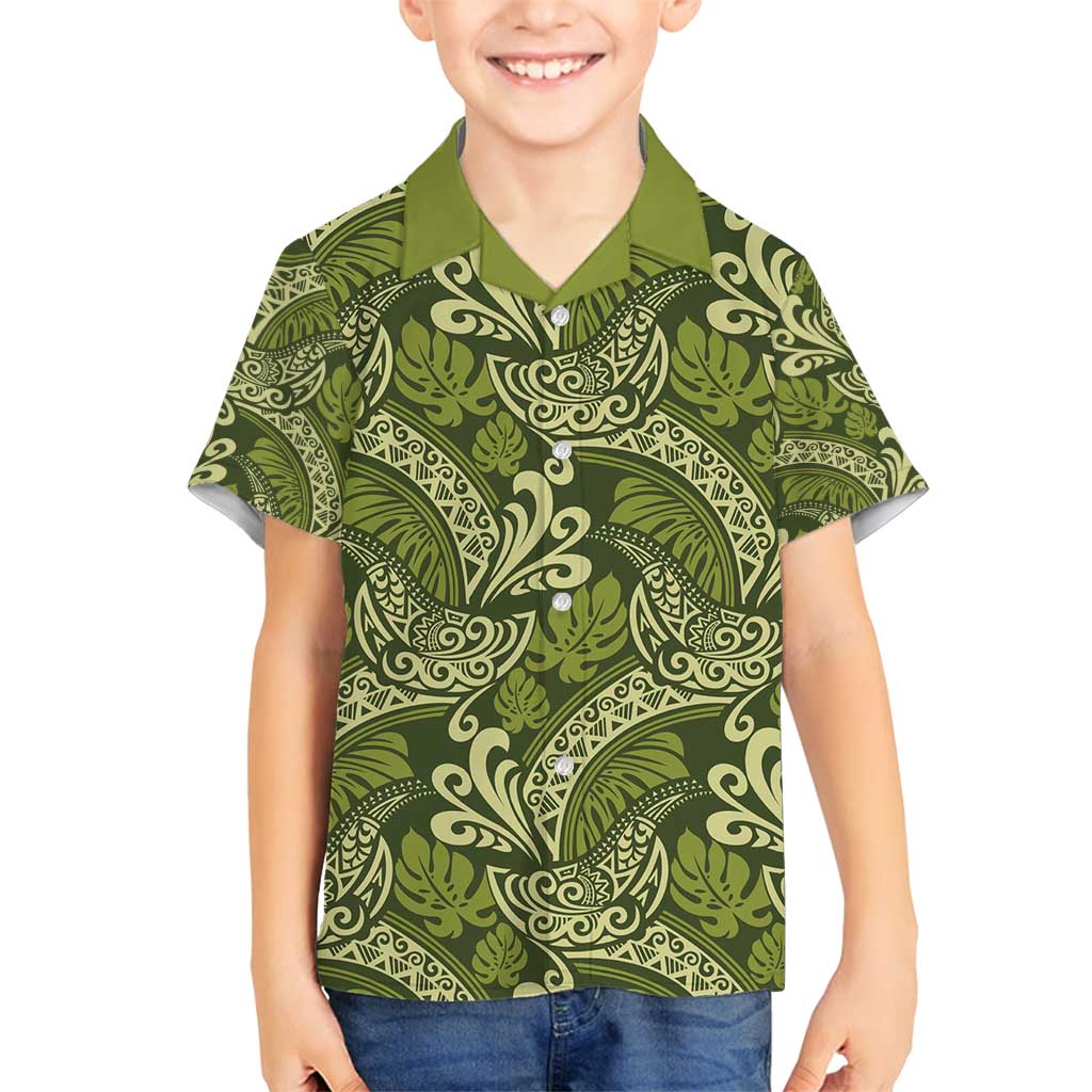 Olive Green Monstera Family Matching Off Shoulder Short Dress and Hawaiian Shirt Polynesian Tribal Pattern - Polynesian Pride