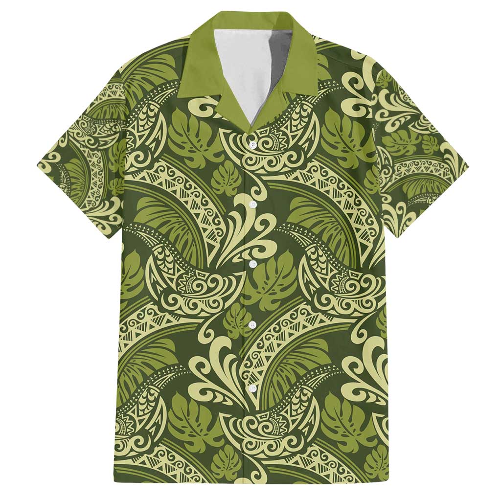 Olive Green Monstera Family Matching Puletasi and Hawaiian Shirt Polynesian Tribal Pattern - Polynesian Pride