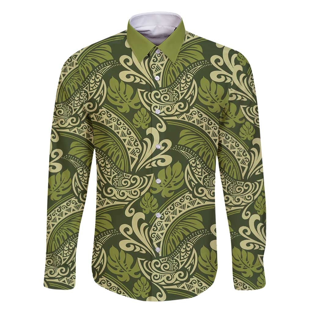 Olive Green Monstera Family Matching Summer Maxi Dress and Hawaiian Shirt Polynesian Tribal Pattern LT01 Dad's Shirt - Long Sleeve Green - Polynesian Pride