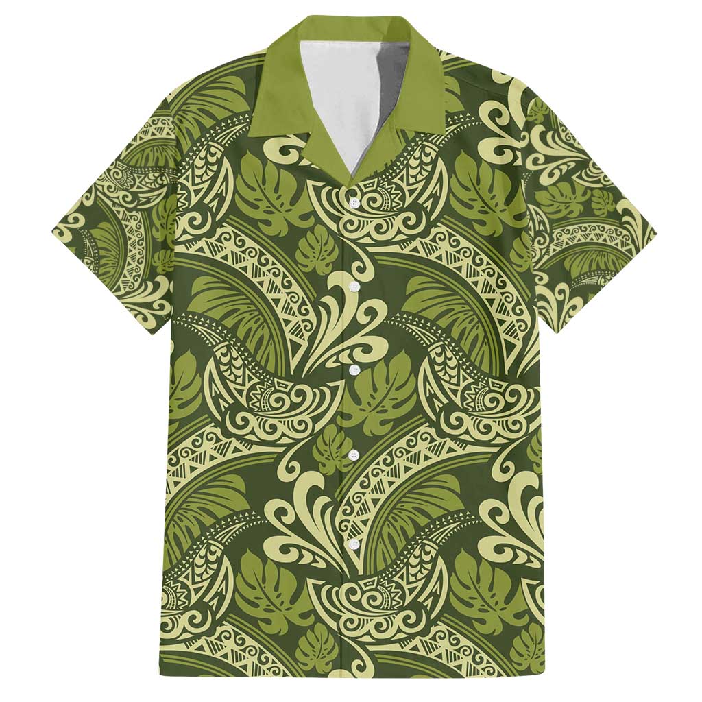 Olive Green Monstera Family Matching Tank Maxi Dress and Hawaiian Shirt Polynesian Tribal Pattern - Polynesian Pride
