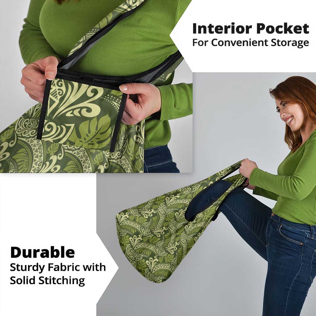 Olive Green Monstera Grocery Bag Polynesian Tribal Pattern - Polynesian Pride