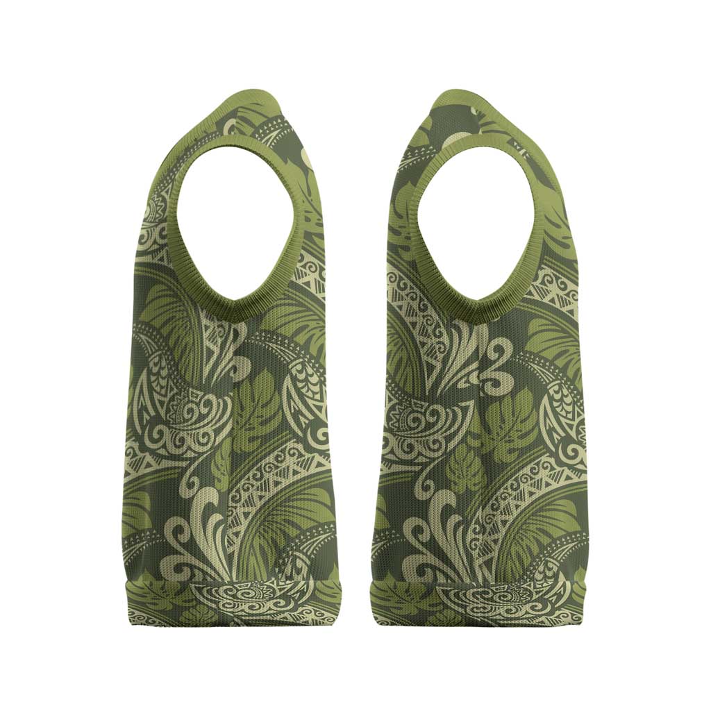 Olive Green Monstera Christmas Knitted V-Neck Vest Polynesian Tribal Pattern - Polynesian Pride
