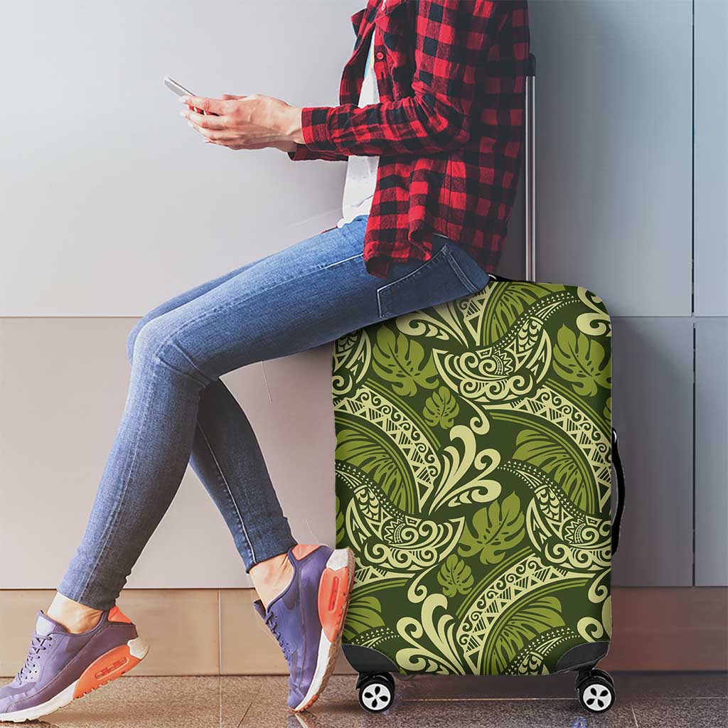 Olive Green Monstera Luggage Cover Polynesian Tribal Pattern - Polynesian Pride